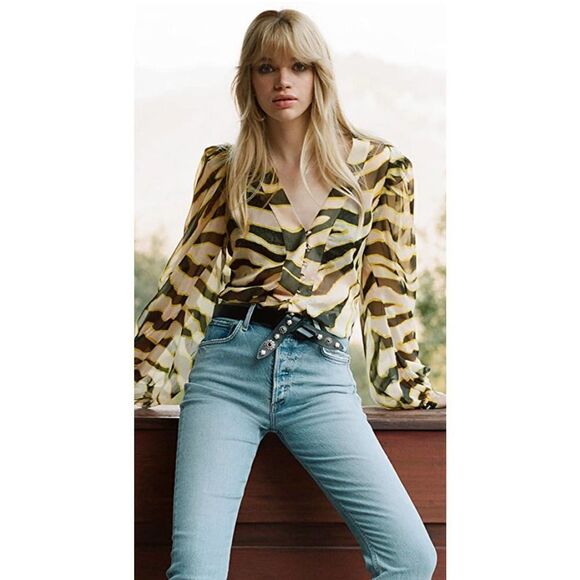 LE SUPERBE Get Ready Zebra Blouse White Black Stripe Tie Top XS 2 - Picture 4 of 6